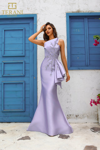 Lavender one-shoulder evening gown