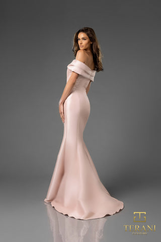 Blush off-the-shoulder formal gown