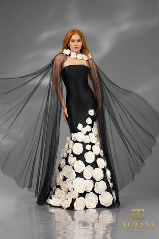 251GL4184BLACKIVORY_7 evening gown with floral detail and cape