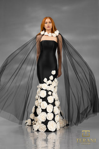 Black and Ivory Gown with Rose Details