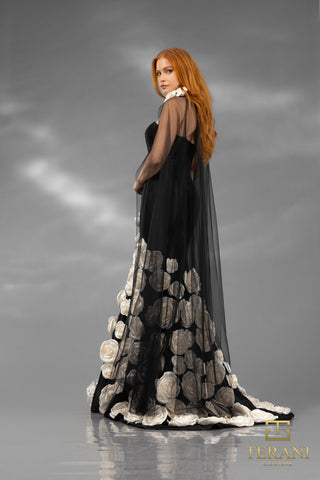 Black and Ivory floral gown, 251GL4184, on model