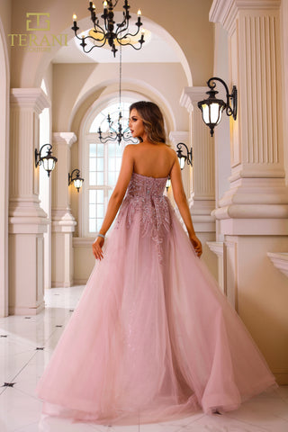Pink formal gown in a grand hall