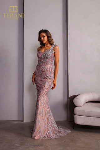 One-shoulder formal gown with feather detail
