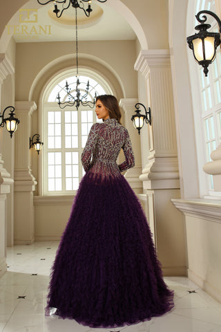 Woman in purple formal gown with long sleeves