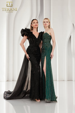 two women in elegant evening gowns.