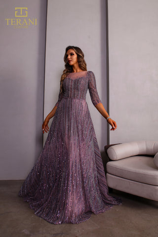 Long-sleeved lavender formal dress