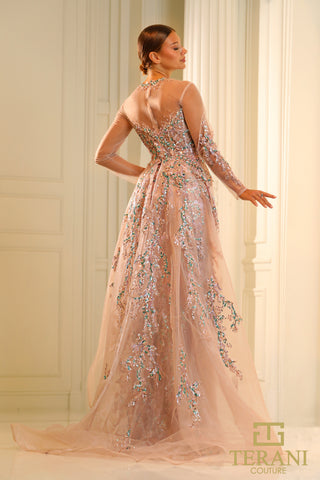 Elegant pink gown with silver embroidery