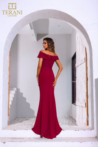 Terani Couture 251M4444 Wine Off-Shoulder Gown
