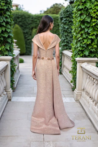 Pink gown 251M4447 on woman walking a garden path