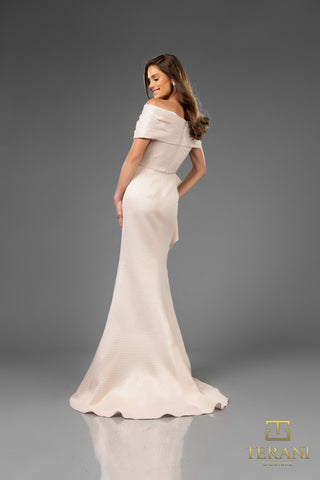 Champagne colored off-shoulder gown, style 251M4448