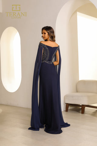 Terani 251M4580_1 navy blue evening gown with cape.