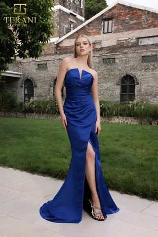 Terani strapless blue gown with high slit