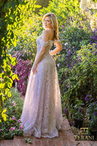 Woman in The Designer Precinct gown, 251P4041_3, posing in garden