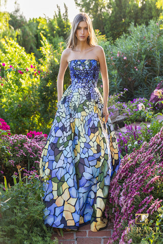 Woman in blue multi-color dress