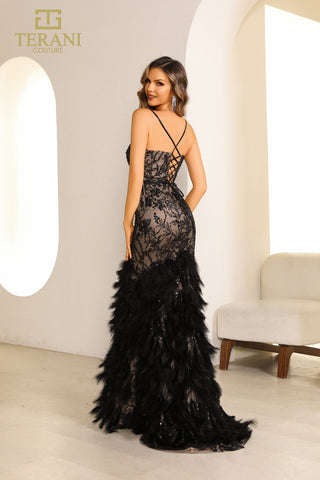 Terani black lace gown with feathers, 251P4321