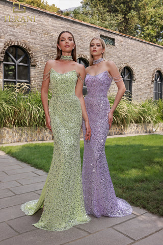 Two women in sequined gowns