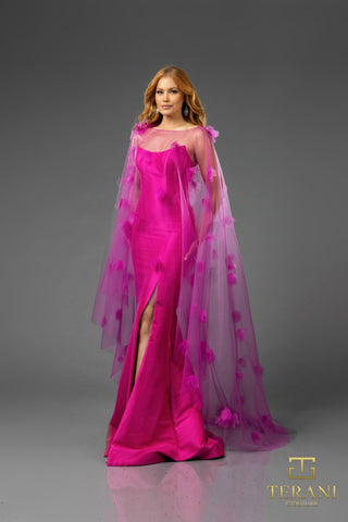 Woman in pink gown with floral cape - 251P4397_1
