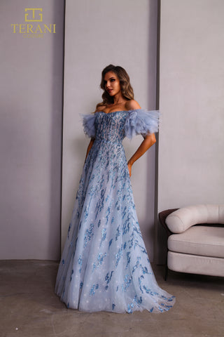 Blue off-shoulder evening dress