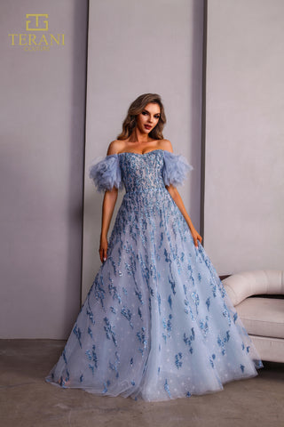 Off-shoulder blue formal gown