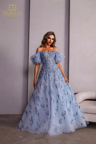 Blue off-shoulder evening gown by Terani
