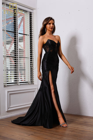 Black strapless formal gown with slit, 251P4541_1