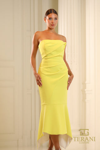 Woman in yellow strapless dress