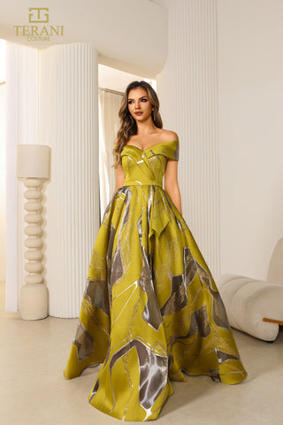 Terani gown 251e4208_3 in olive green with patterned skirt