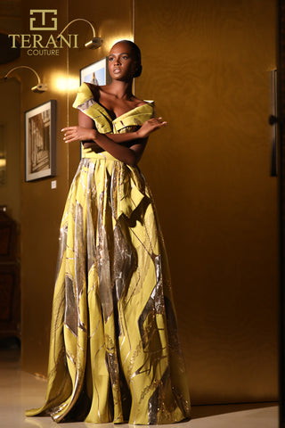 Terani Couture dress, 251e4208_5, woman in yellow formal gown