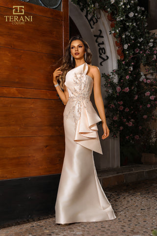 Champagne colored formal dress by Terani Couture