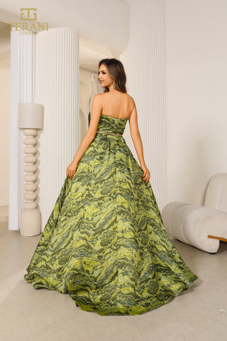 Green patterned formal dress by Ferani