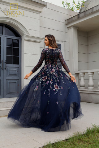 Navy floral embellished gown
