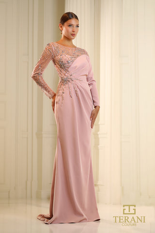 Dusty rose evening gown with long sleeves