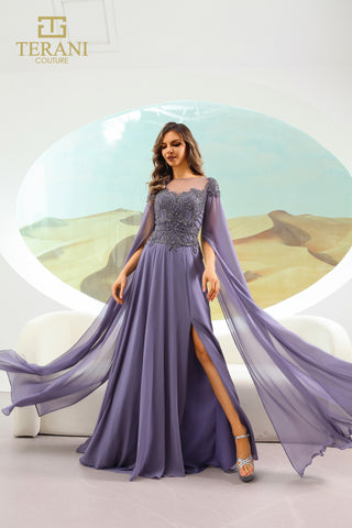 Terani Couture lilac formal gown with cape