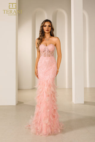 Pink feather evening dress