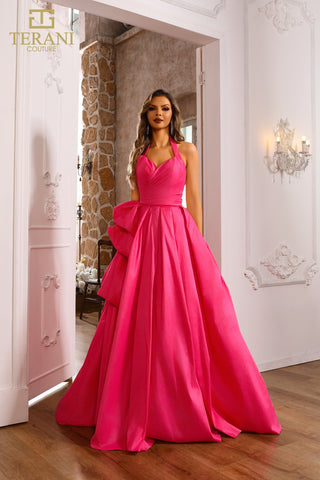Coral pink formal gown, style 251p4058, with bow