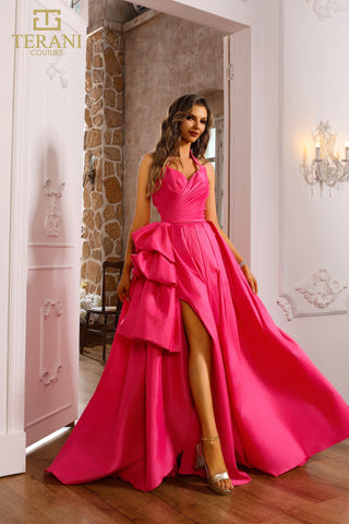 Coral pink formal gown with high slit