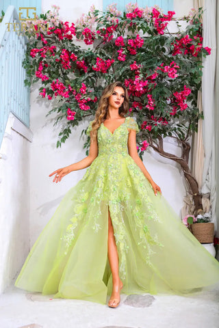 Woman in lime green gown with floral accents