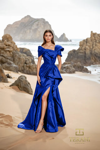 Royal blue evening gown on beach