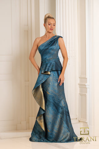 Teal and gold one-shoulder evening gown