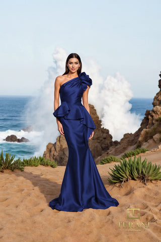 Navy one-shoulder gown by Terani