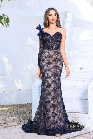 252GL5225_1 Navy Lace One-Shoulder Gown