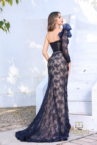 Terani Couture 252GL5225_37 navy lace one-shoulder gown