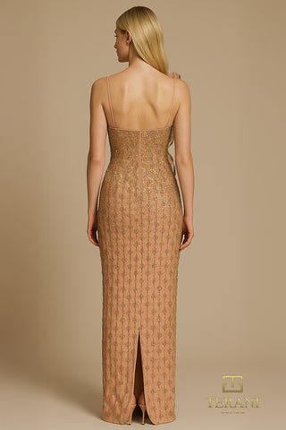 Terani 252GL5228b gold beaded evening gown