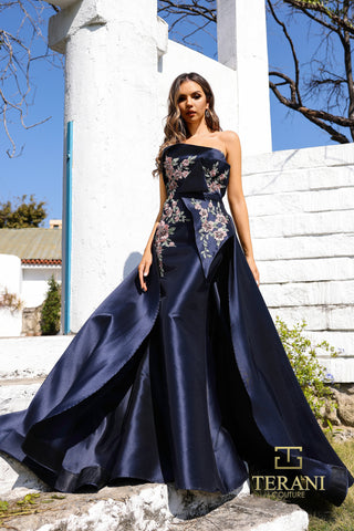Navy and rose embroidered formal gown