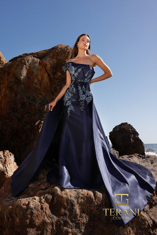 Navy blue formal gown on model