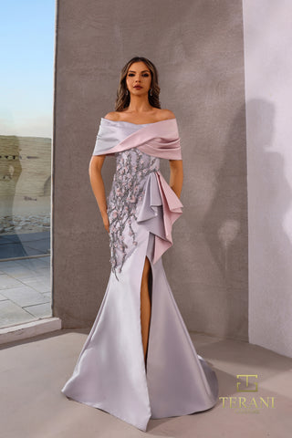 Silver Blush Evening Gown 252M5324 with Off-Shoulder Detail