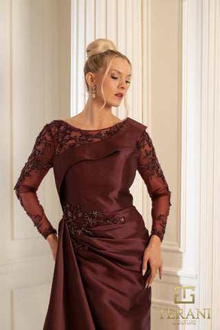 Wine colored formal gown with lace sleeves