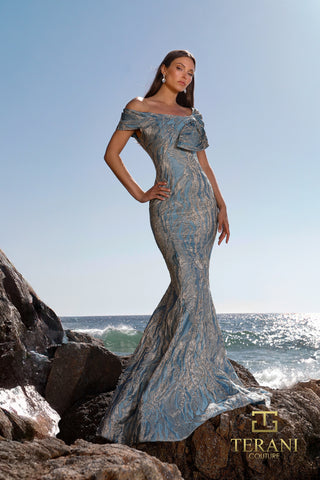 Blue denim off-shoulder Terani Couture gown