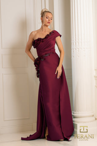 Wine-colored one-shoulder gown with floral detail