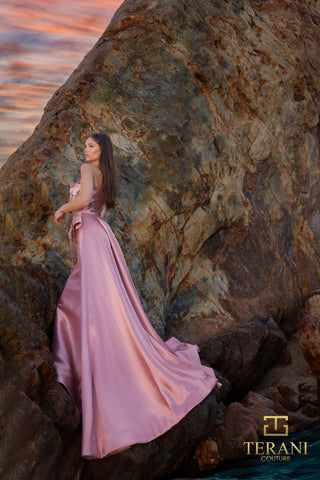 Rose-colored gown on rocks, edited, by Terani Couture